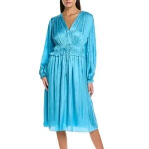NWT Elie Tahari Sublime Blue Satin V-Neck Smocked A-Line Midi Dress size Large